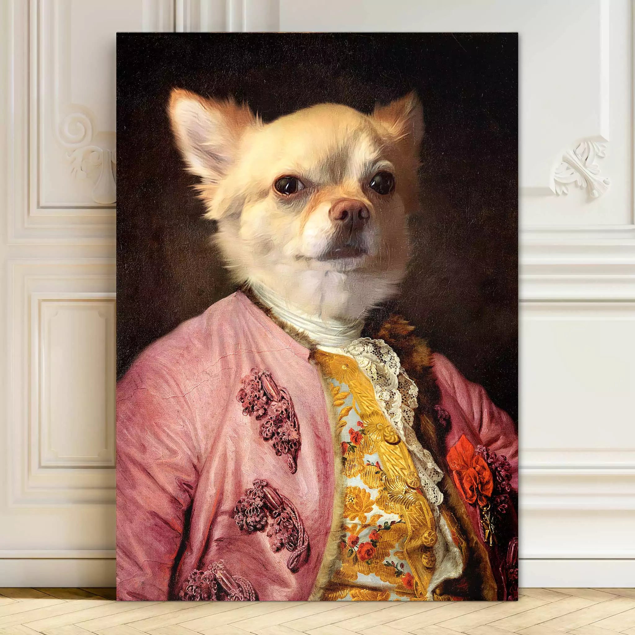 Dog dressed in silk gown aristocrat Royal pet portrait