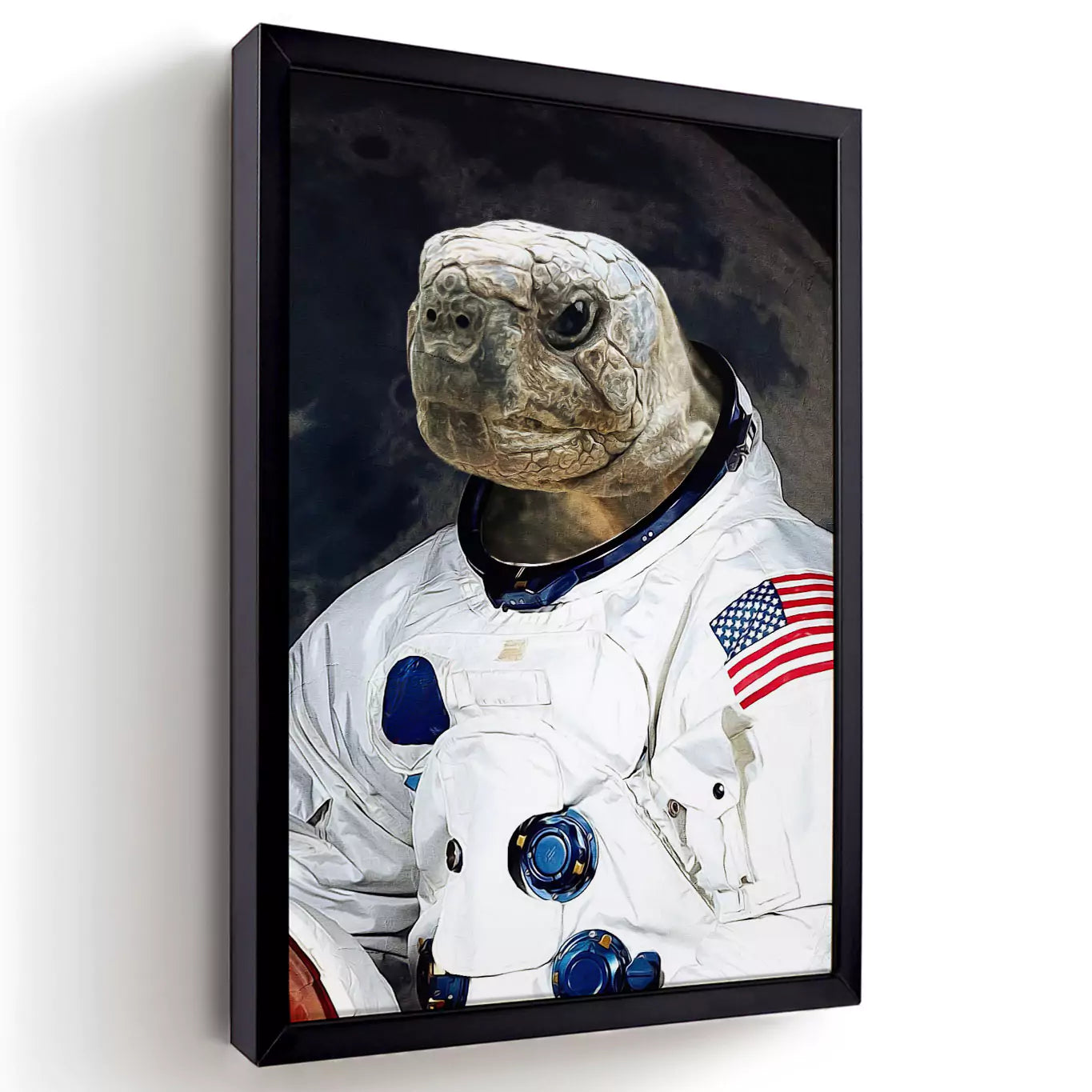 astronaut turtle portrait with a black frame