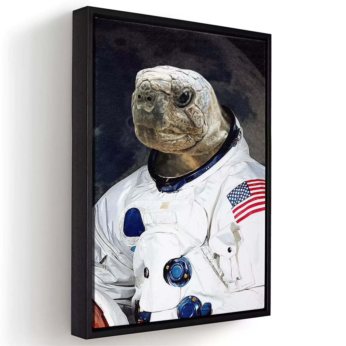 astronaut turtle portrait canvas with a black frame