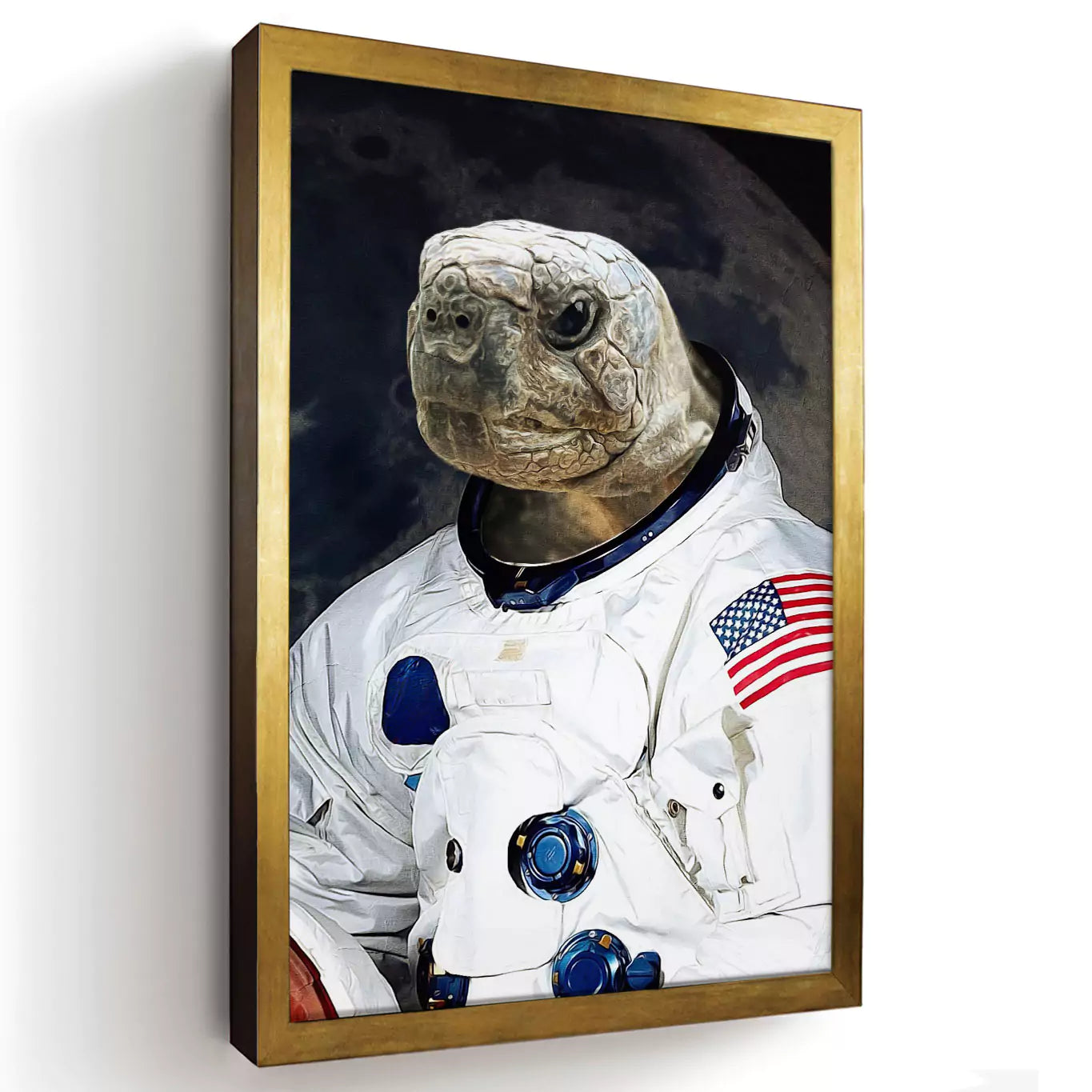 astronaut turtle portrait with a gold frame