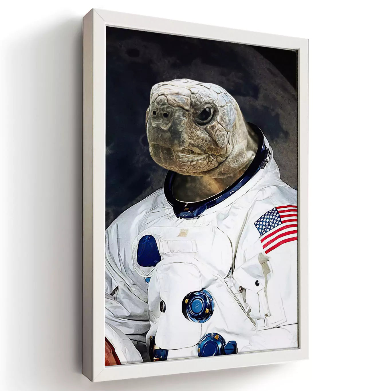 astronaut turtle portrait with a white frame
