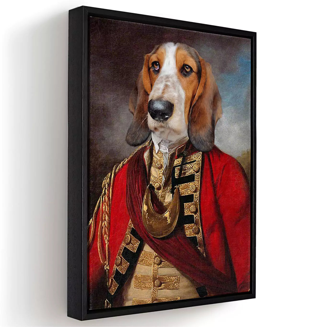 Colonel dog portrait canvas with a black frame