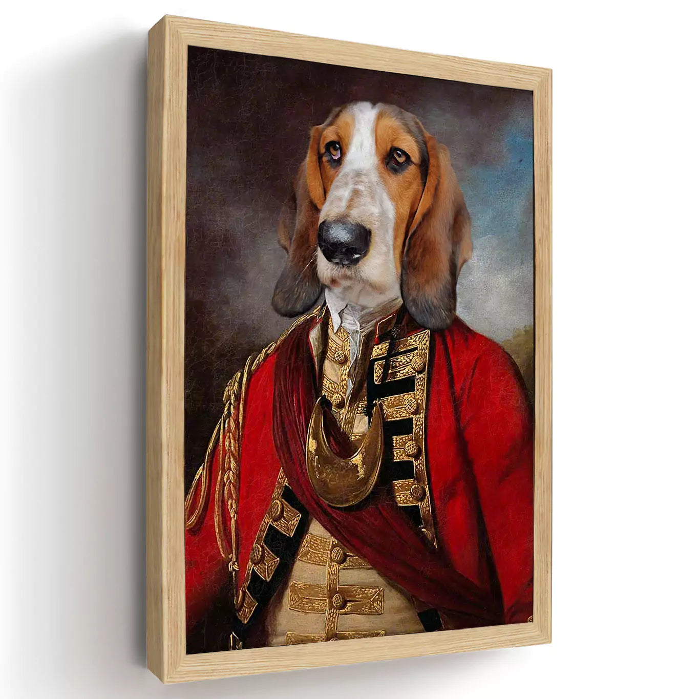 Colonel dog portrait with a wood frame