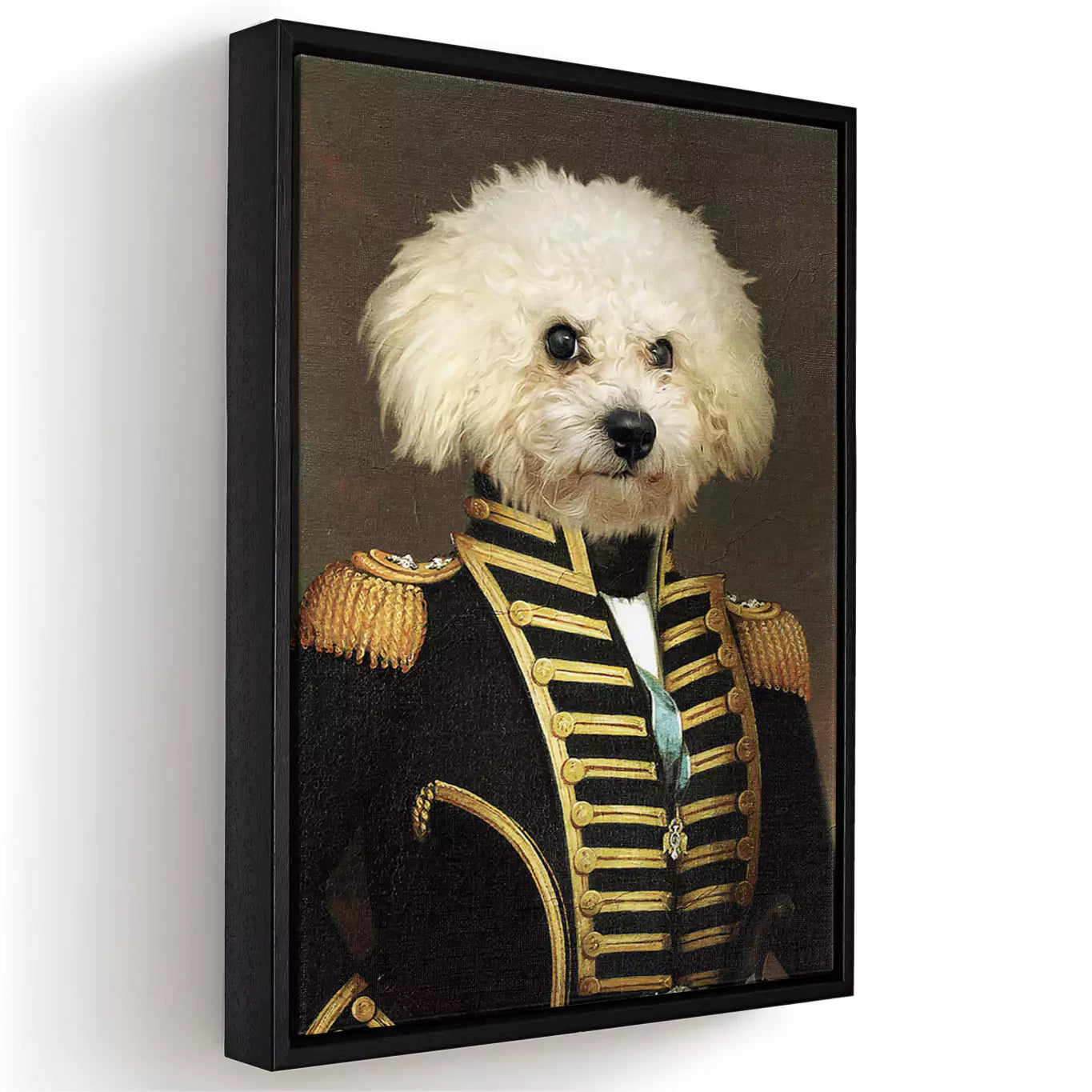 Commander white dog portrait canvas in a black frame