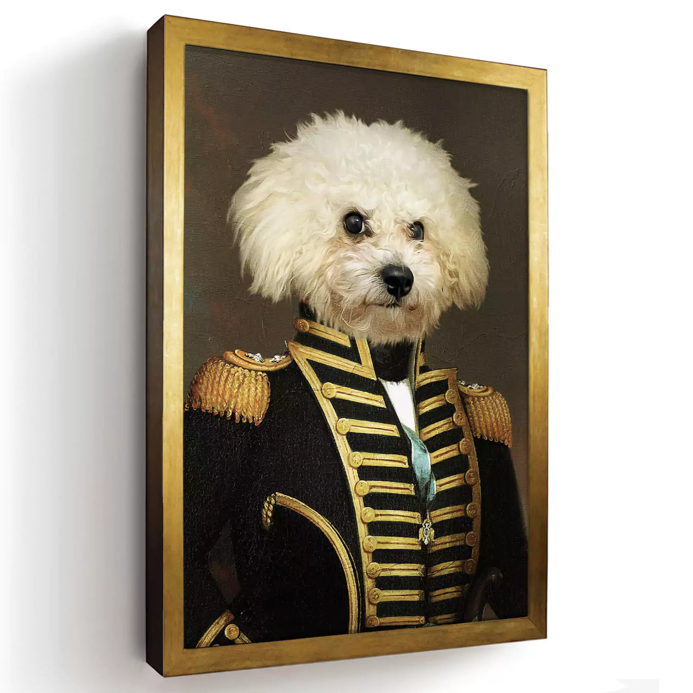 Commander white dog portrait in a gold frame