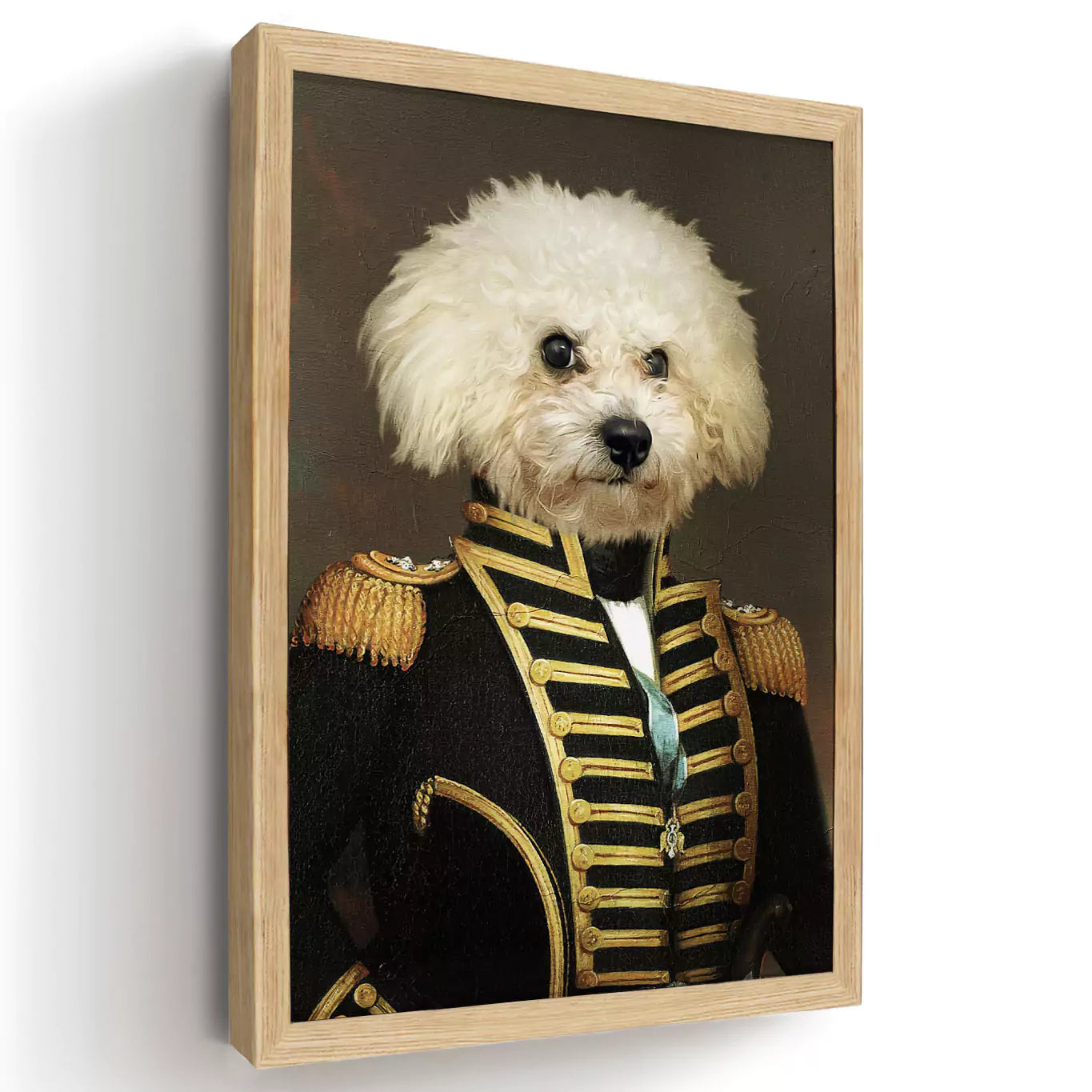 Commander white dog portrait in a wood frame