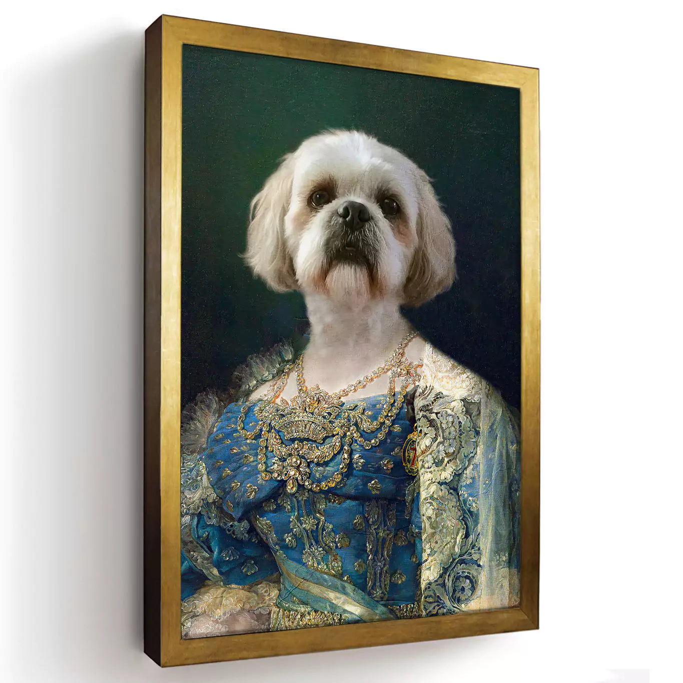 Diamond Queen dog portrait in a gold frame
