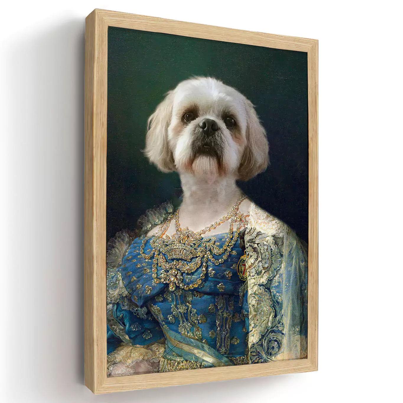 Diamond Queen dog portrait in a wood frame