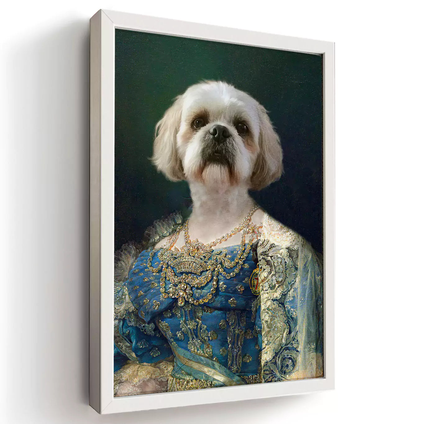 Diamond Queen dog portrait in a white frame