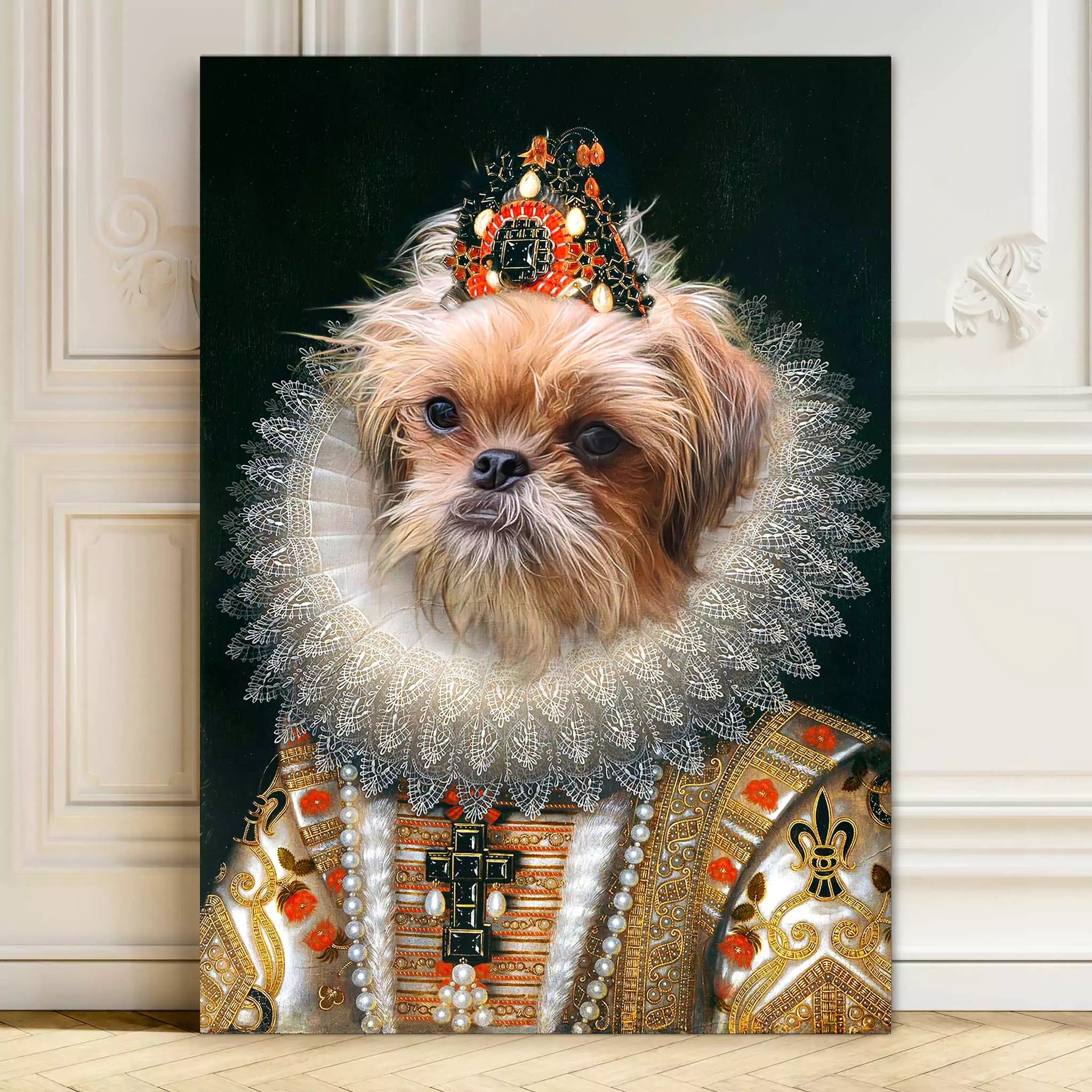 funny dog portrait, animal portraits, dog dressed as queen, dog queen canvas, dog queen print, pet portrait custom
