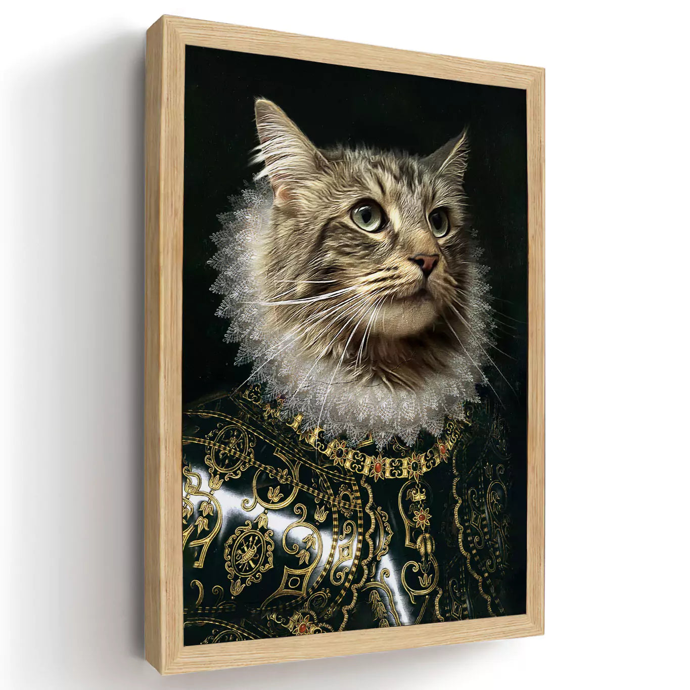 Duke cat portrait in a wood frame