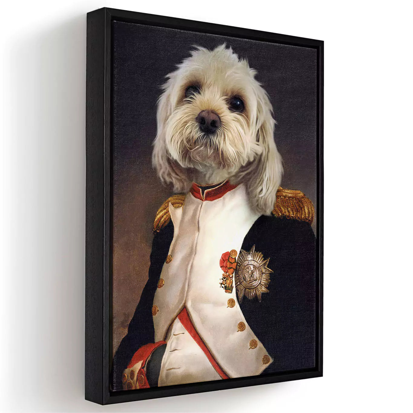 emperor dog portrait canvas in a black frame