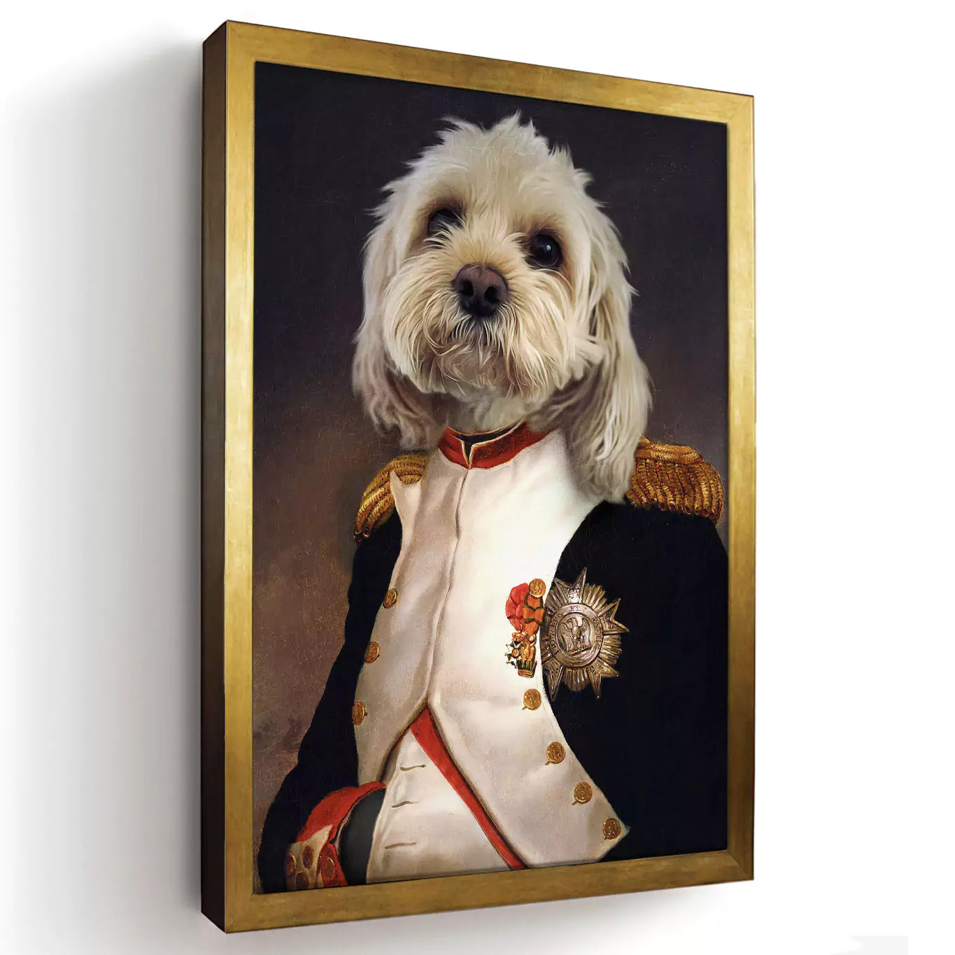 emperor dog portrait in a gold frame