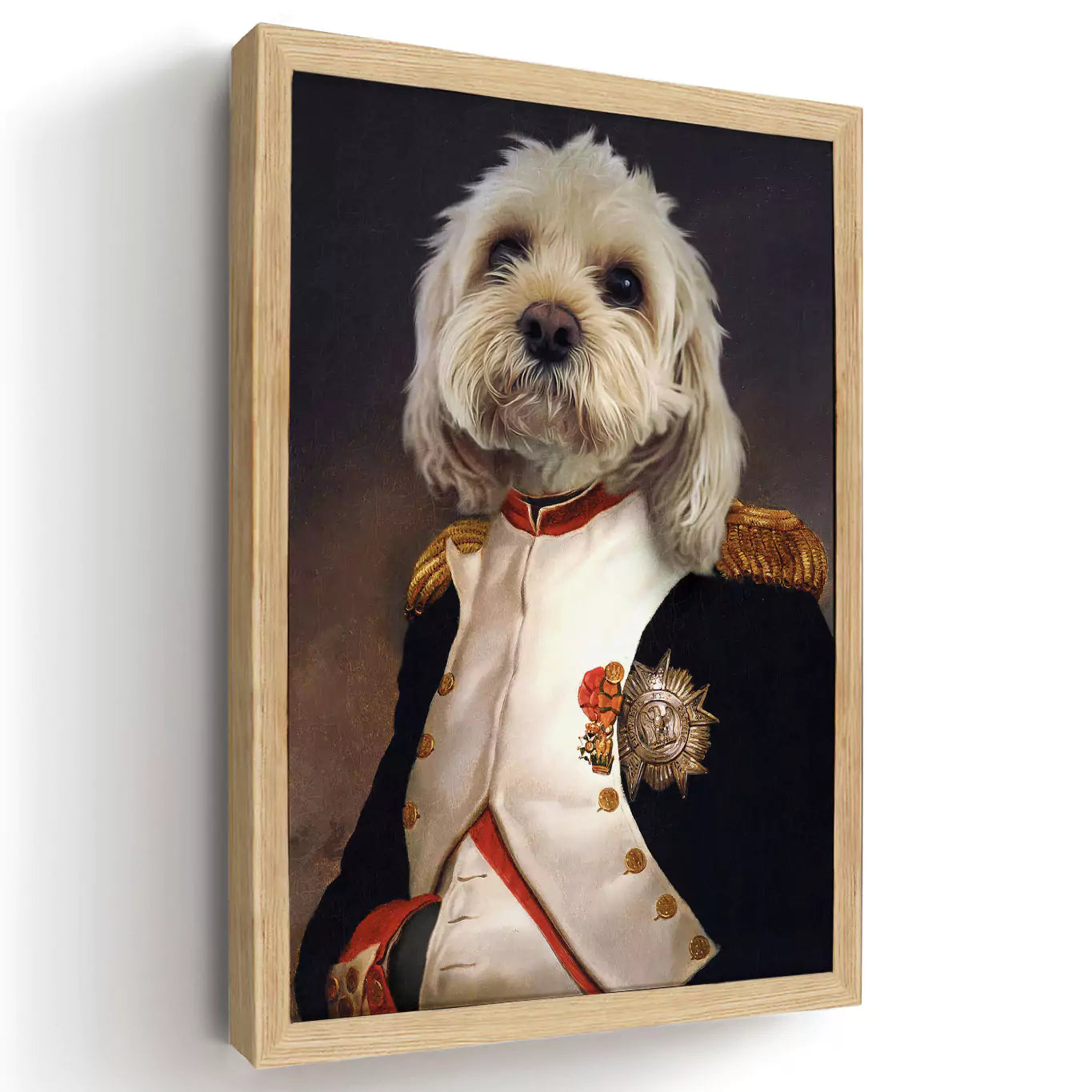 emperor dog portrait in a wood frame