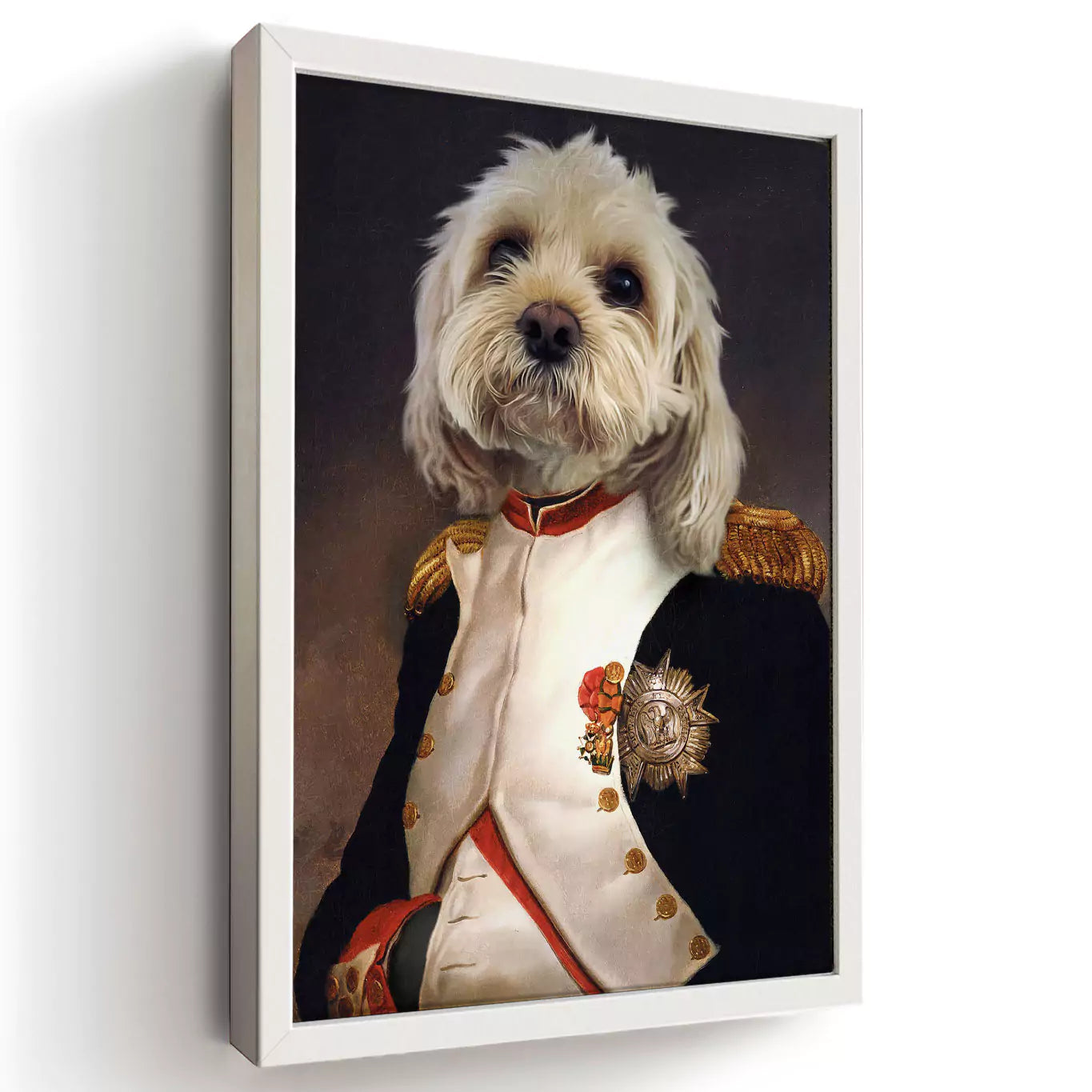 emperor dog portrait in a white frame