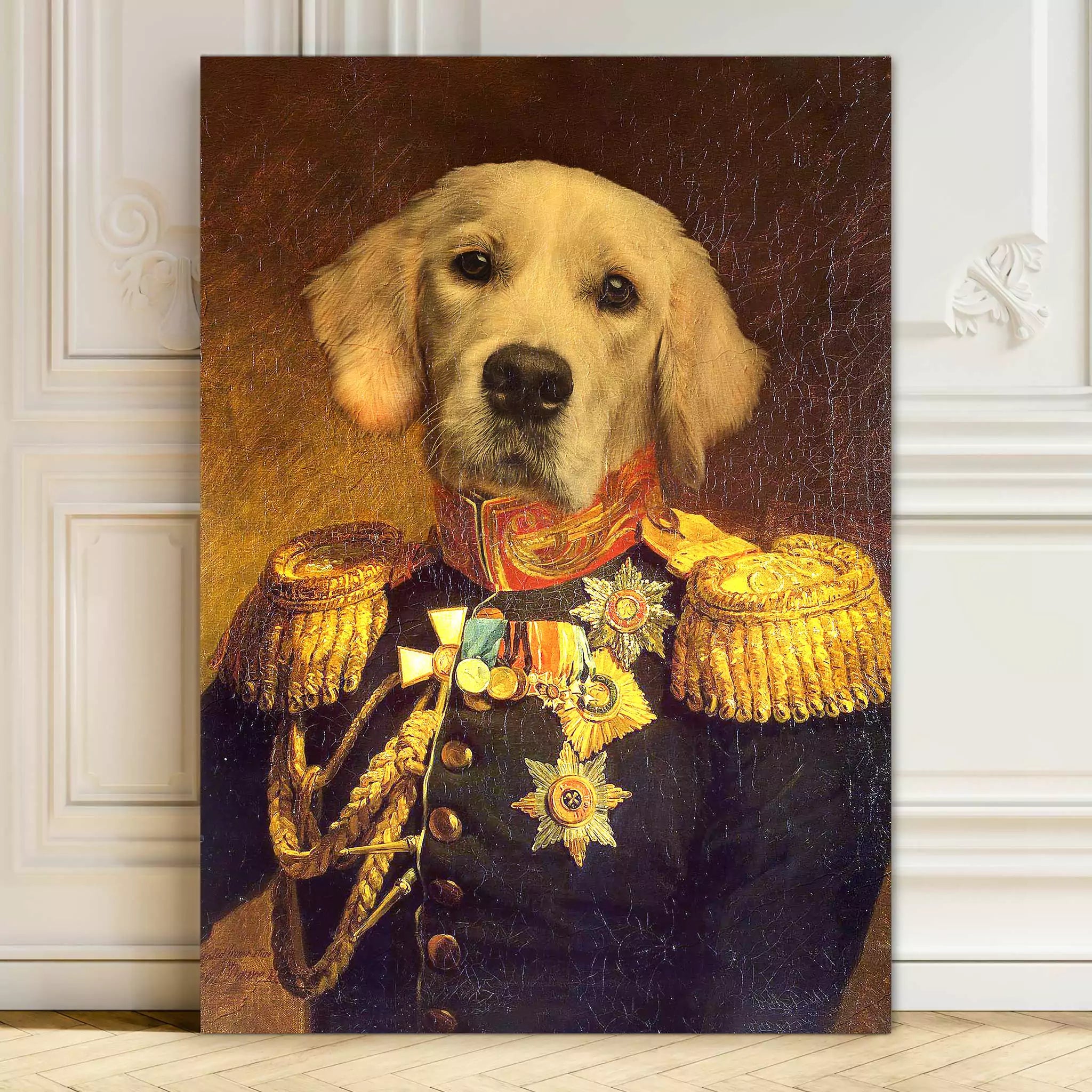 royal dog painting, renaissance dog painting, admiral dog print, admiral pet print, admiral dog canvas, vintage dog art, dog wearing vintage clothes, dog in admiral outfil with epaulettes