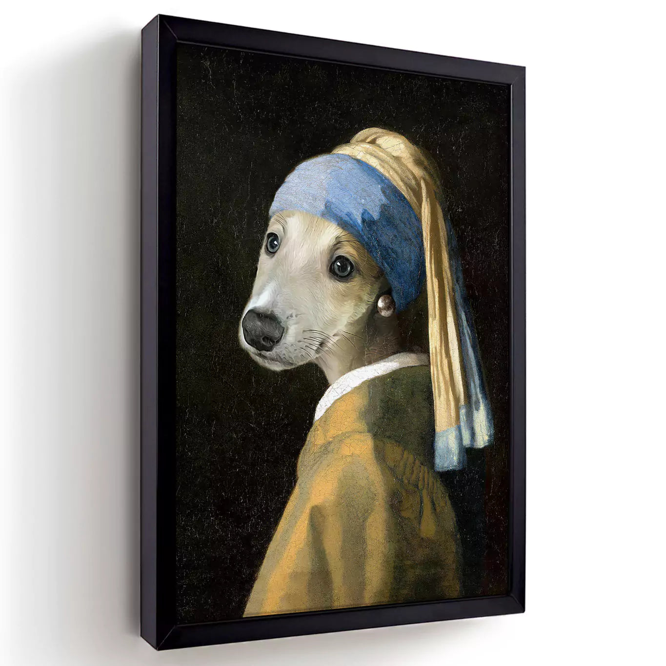 girl with a pearl dog portrait in a black frame