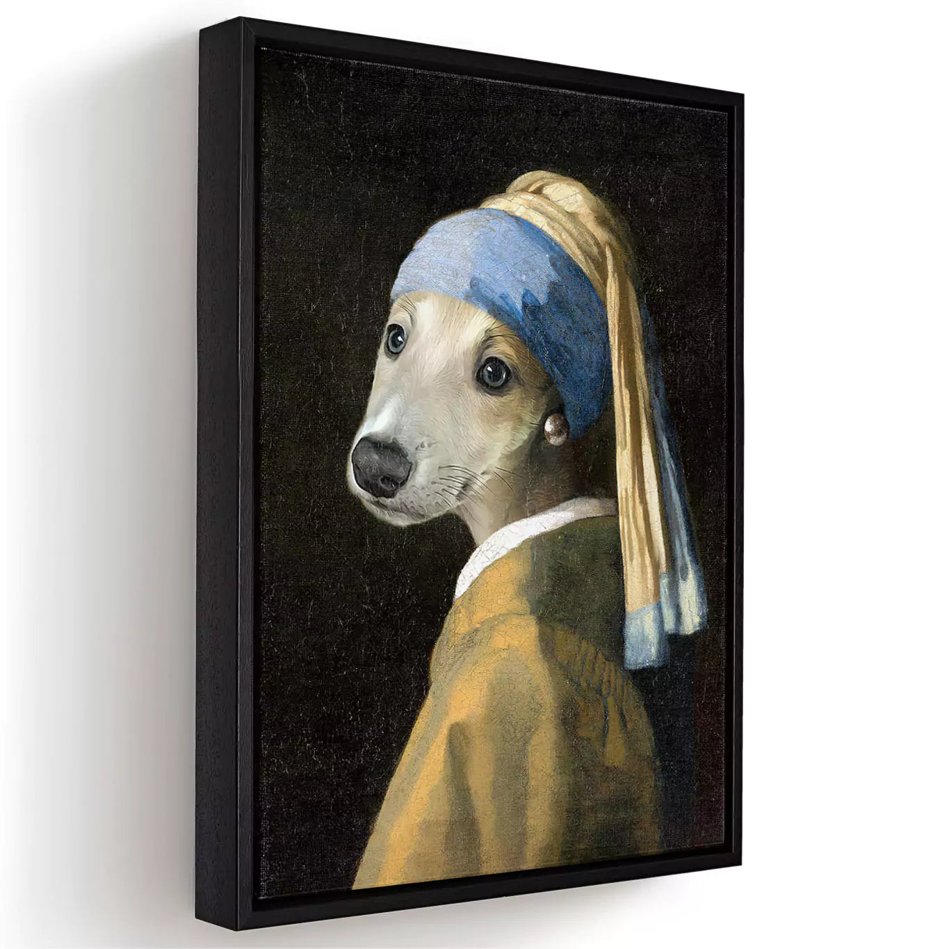 girl with a pearl dog portrait canvas in a black frame