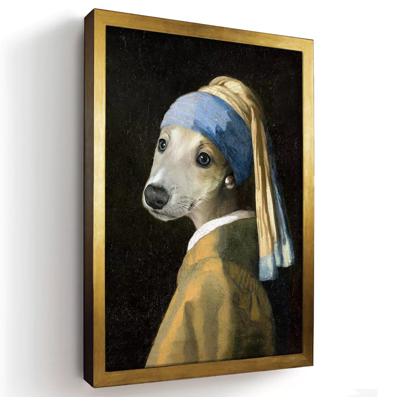 girl with a pearl dog portrait in a gold frame