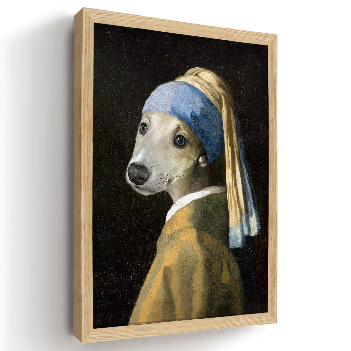 girl with a pearl dog portrait in a wood frame