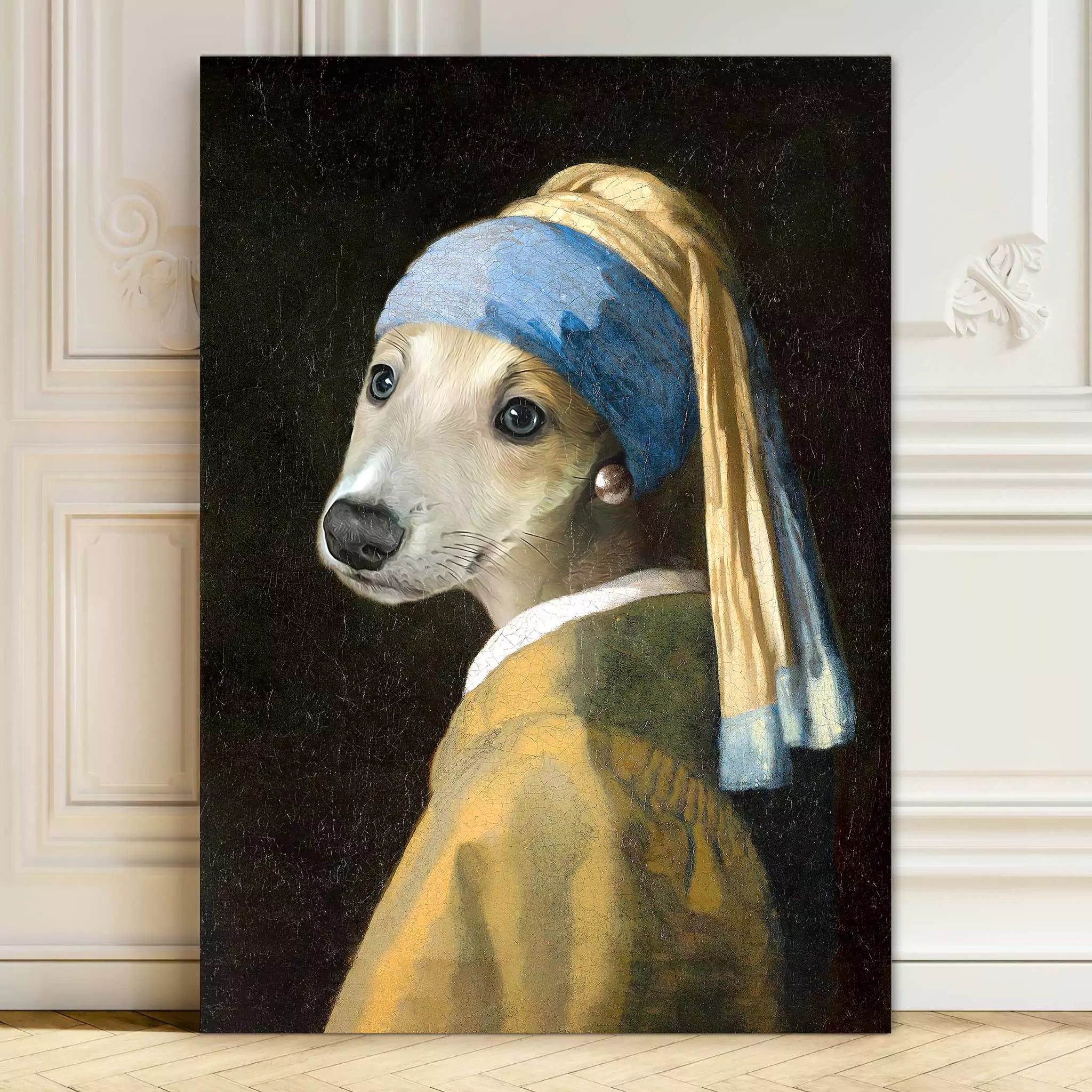 custom dog Girl with a pearl earring print, dog painting renaissance style canvas, girl with a pearl dog print