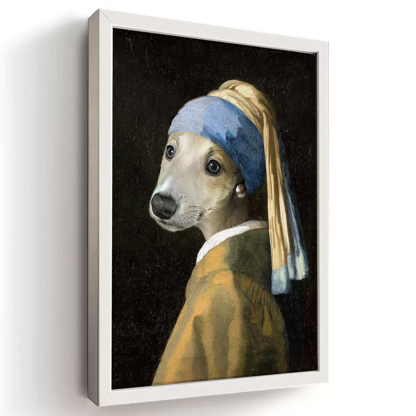 girl with a pearl dog portrait in a white frame