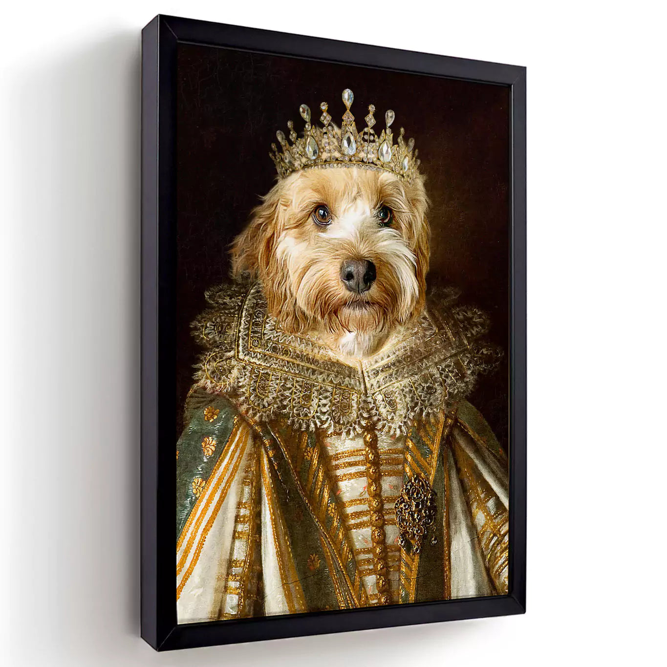 gold dog queen portrait in a black frame