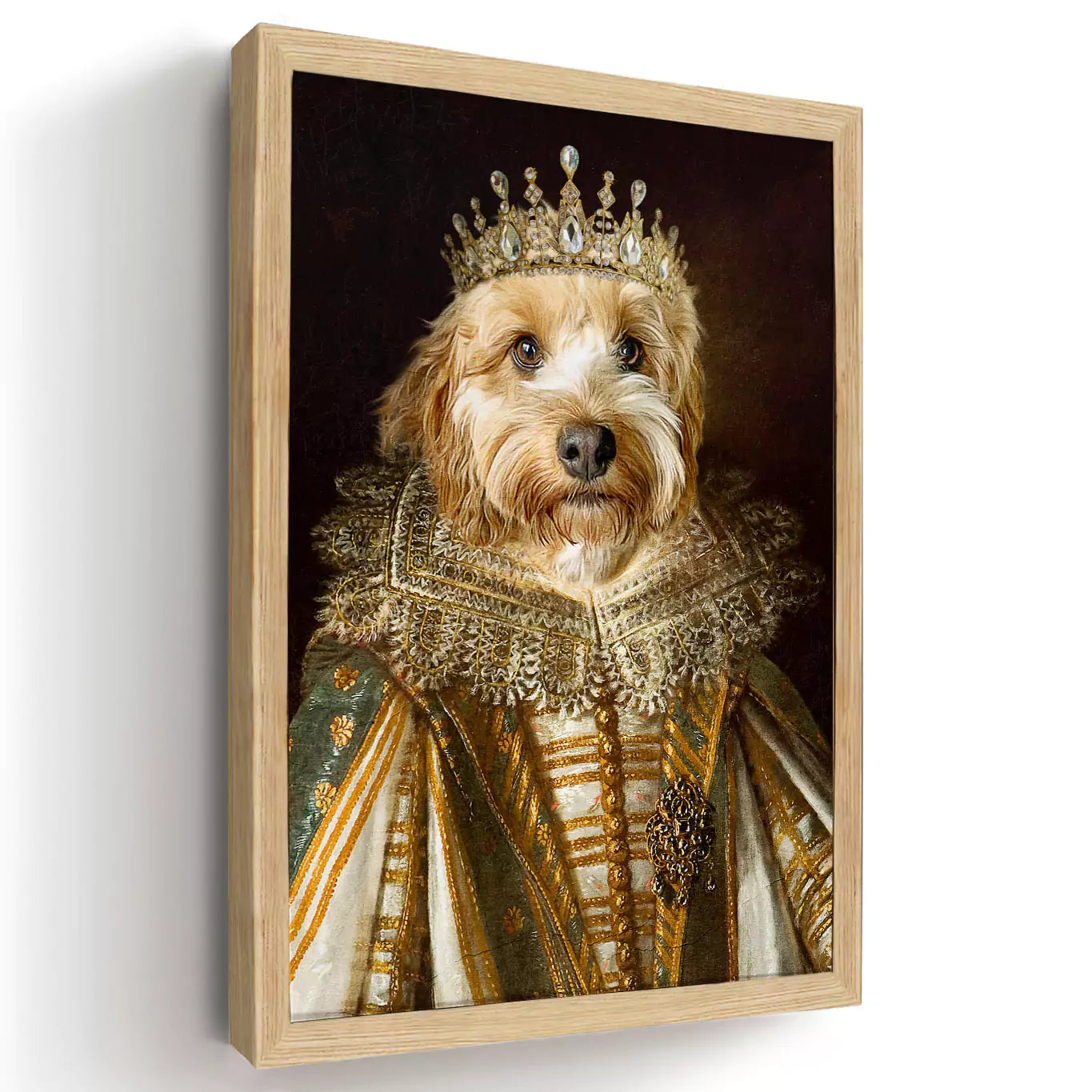 gold dog queen portrait in a wood frame