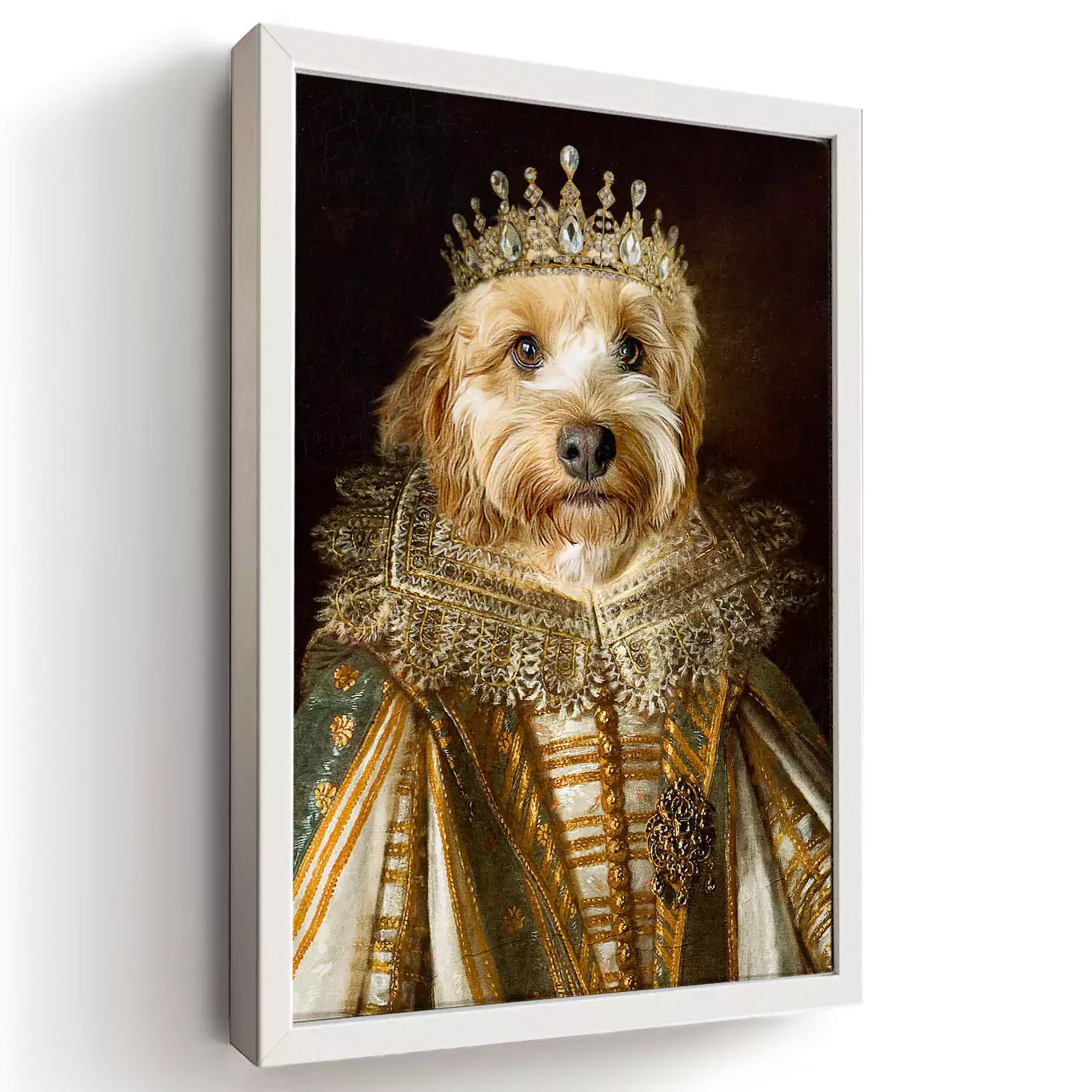 gold dog queen portrait in a white frame