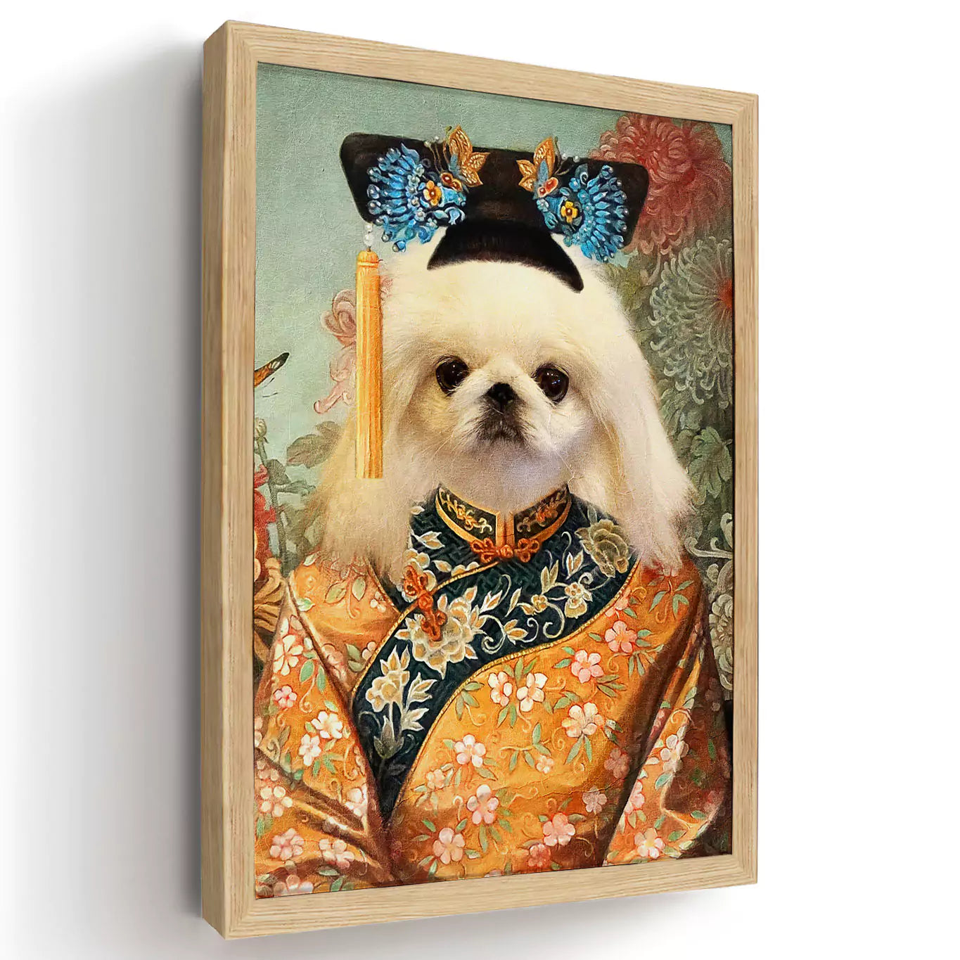 imperial princess dog portrait in a wood frame