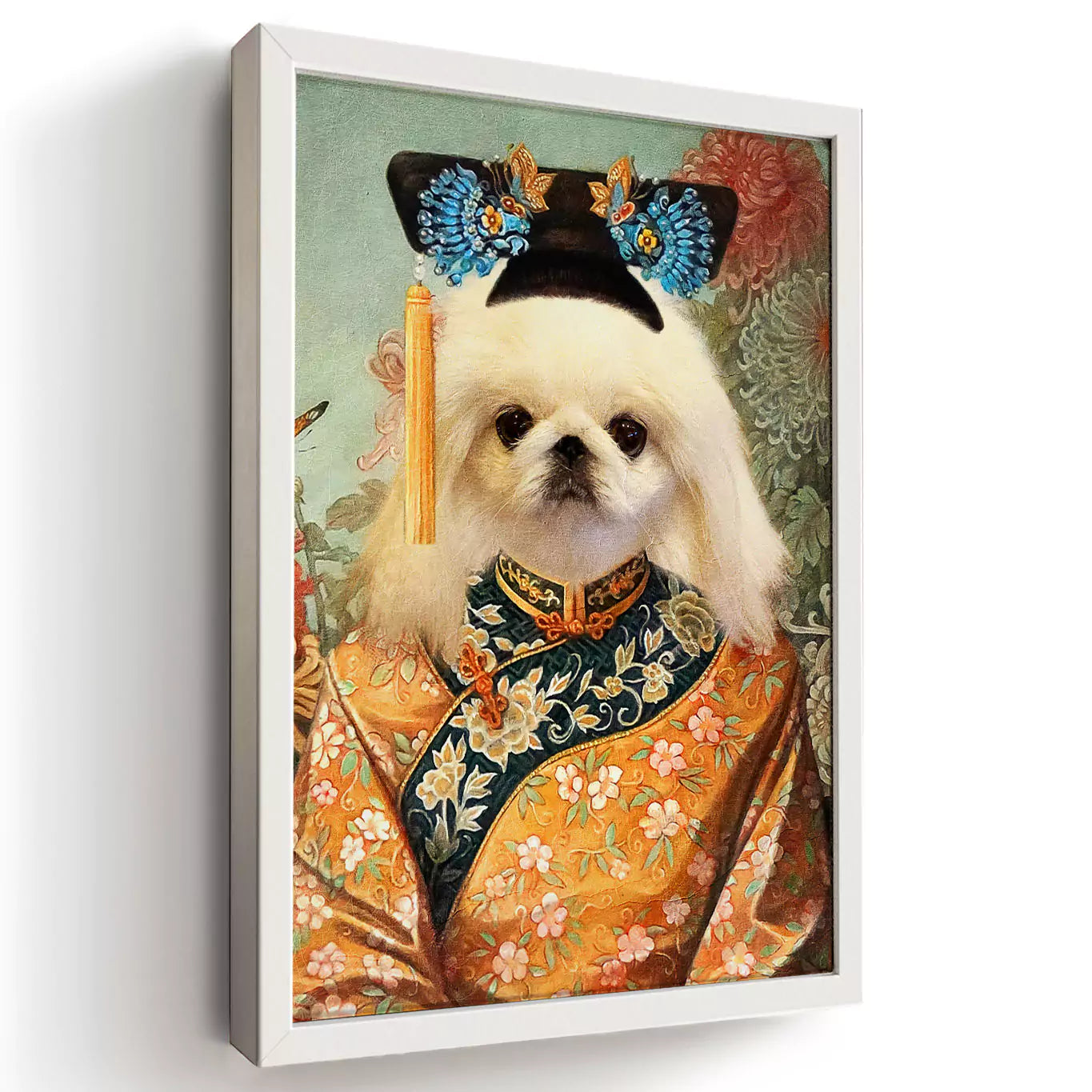 imperial princess dog portrait in a white frame