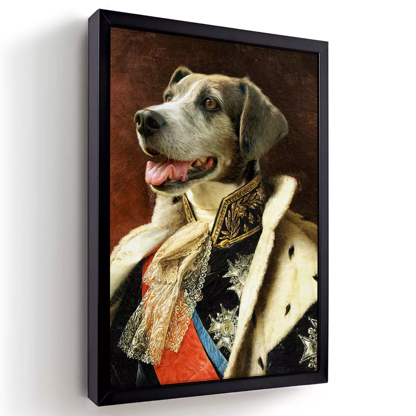 king dog portrait  in a black frame