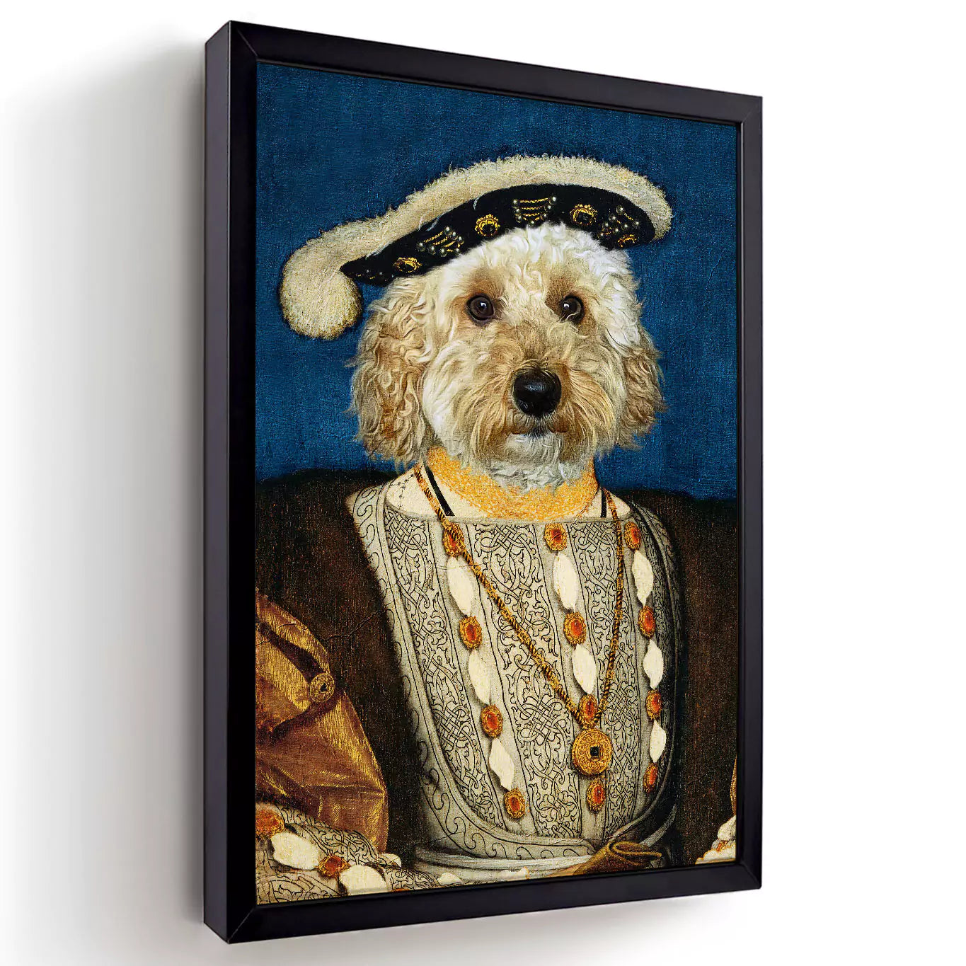 king Henry dog in a black frame