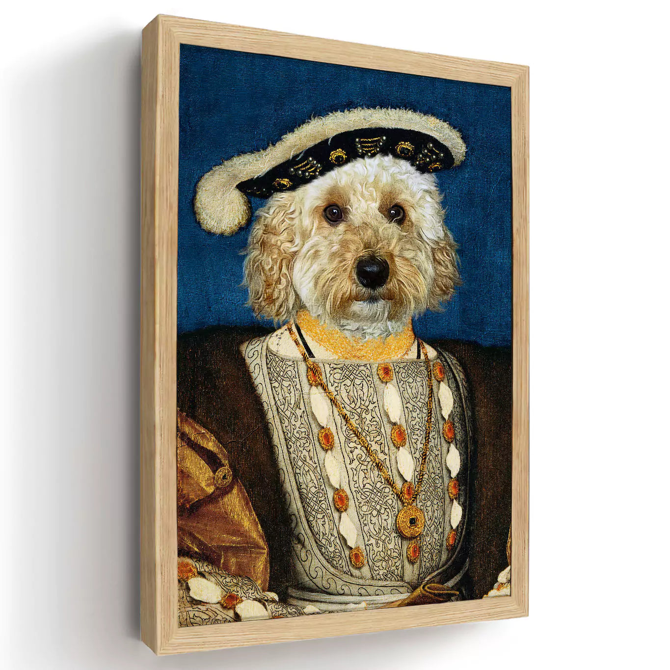 king Henry dog in a wood frame