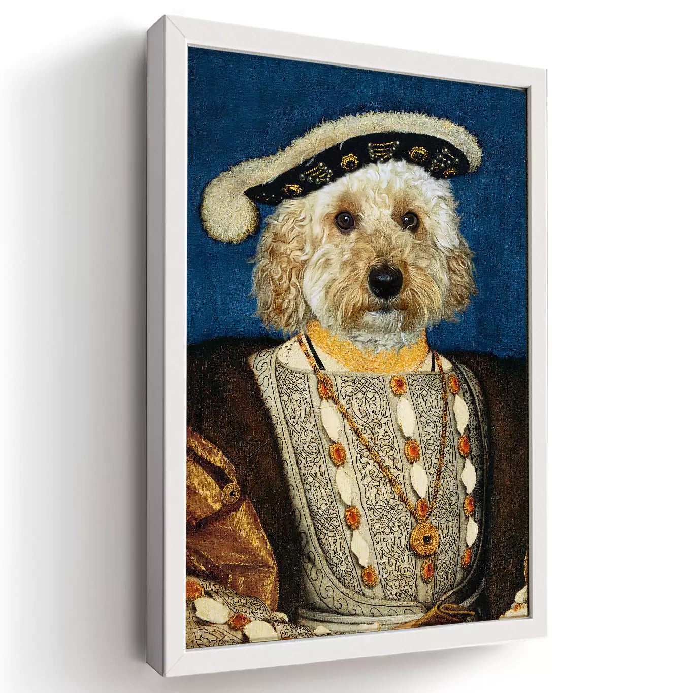 king Henry dog in a white frame