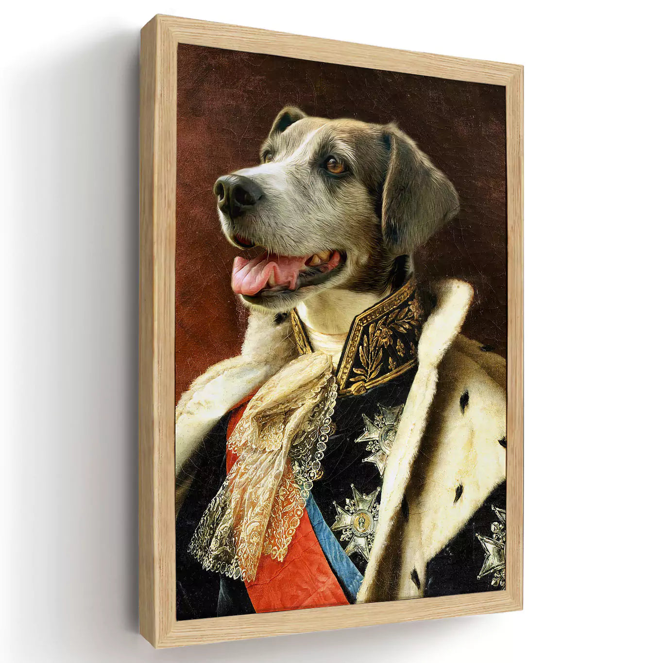 king dog portrait in a wood frame