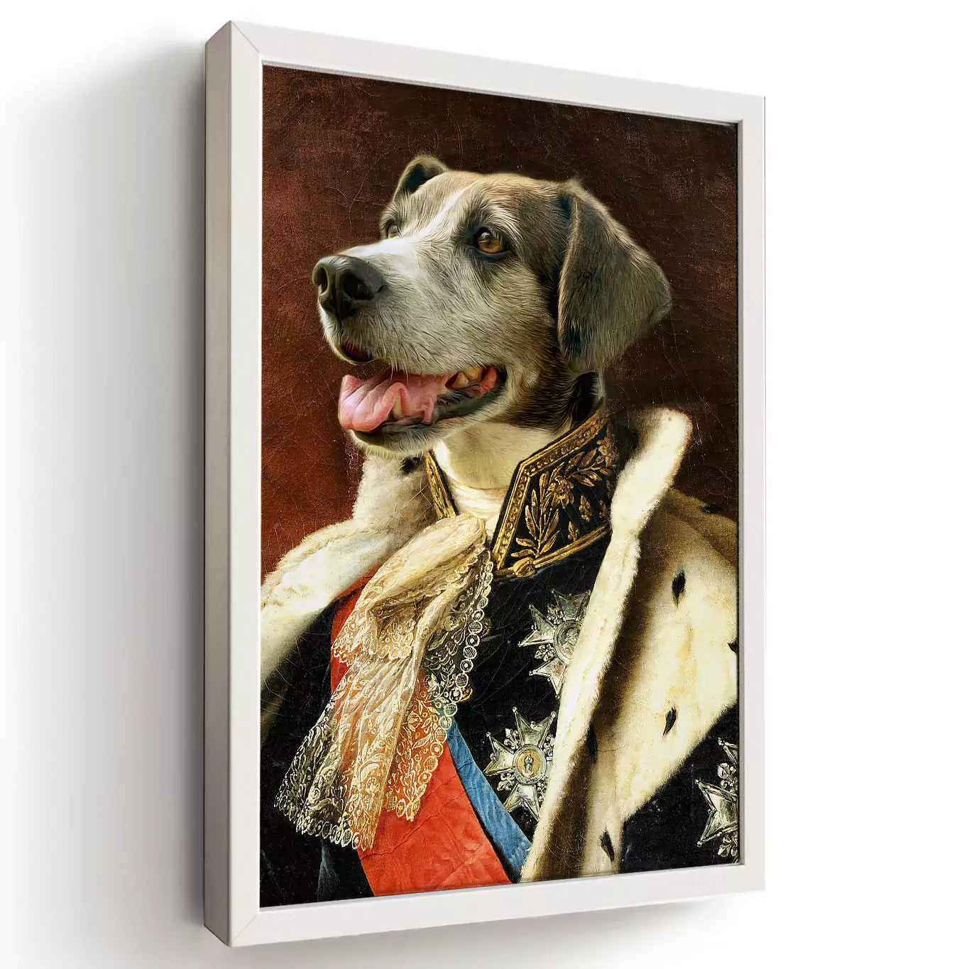 king dog portrait in a white frame