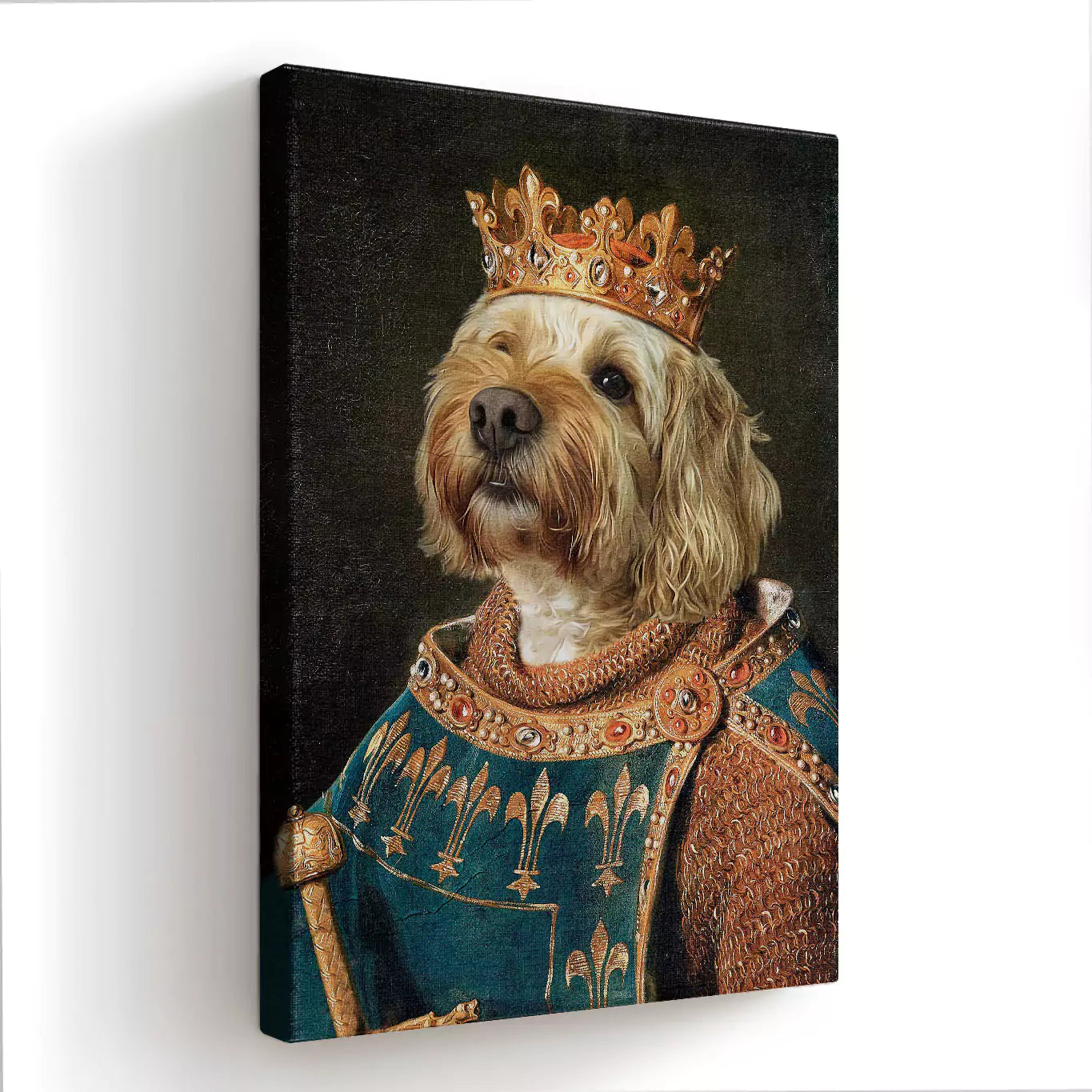 medieval dog king in a black frame
