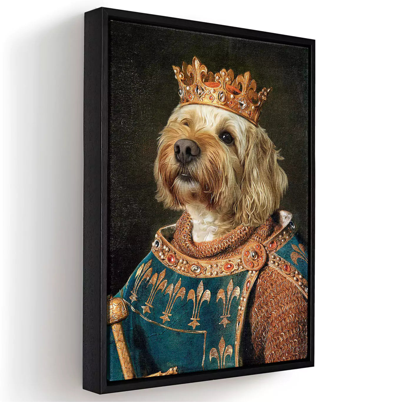 medieval dog king in a black frame