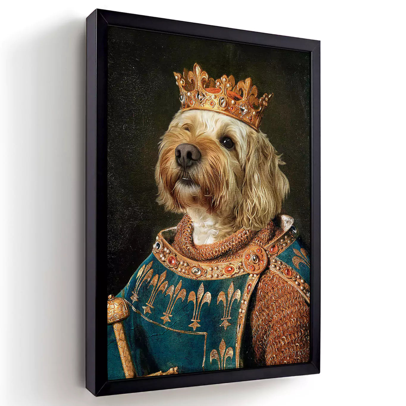 medieval dog king in a black frame