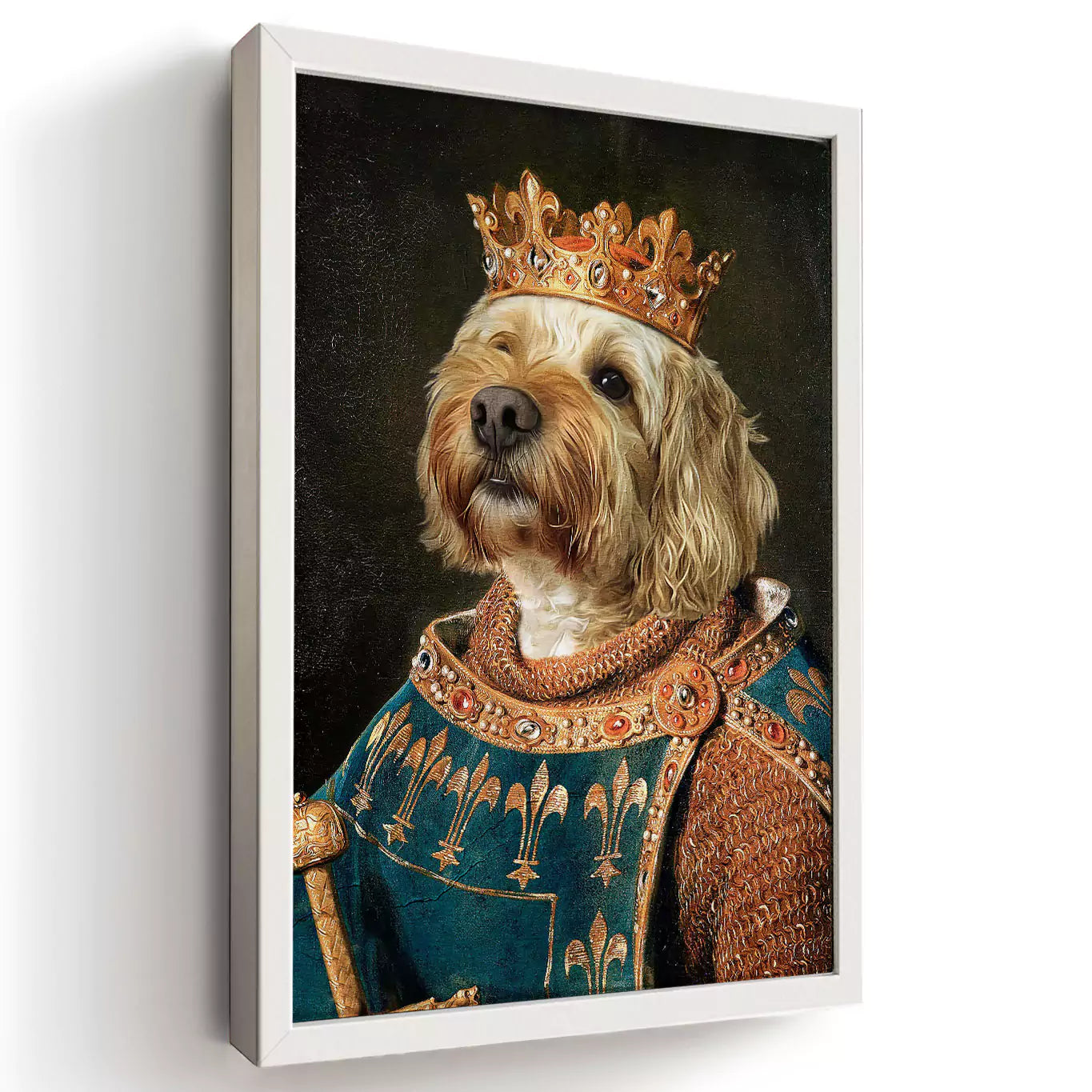 medieval dog king in a white frame