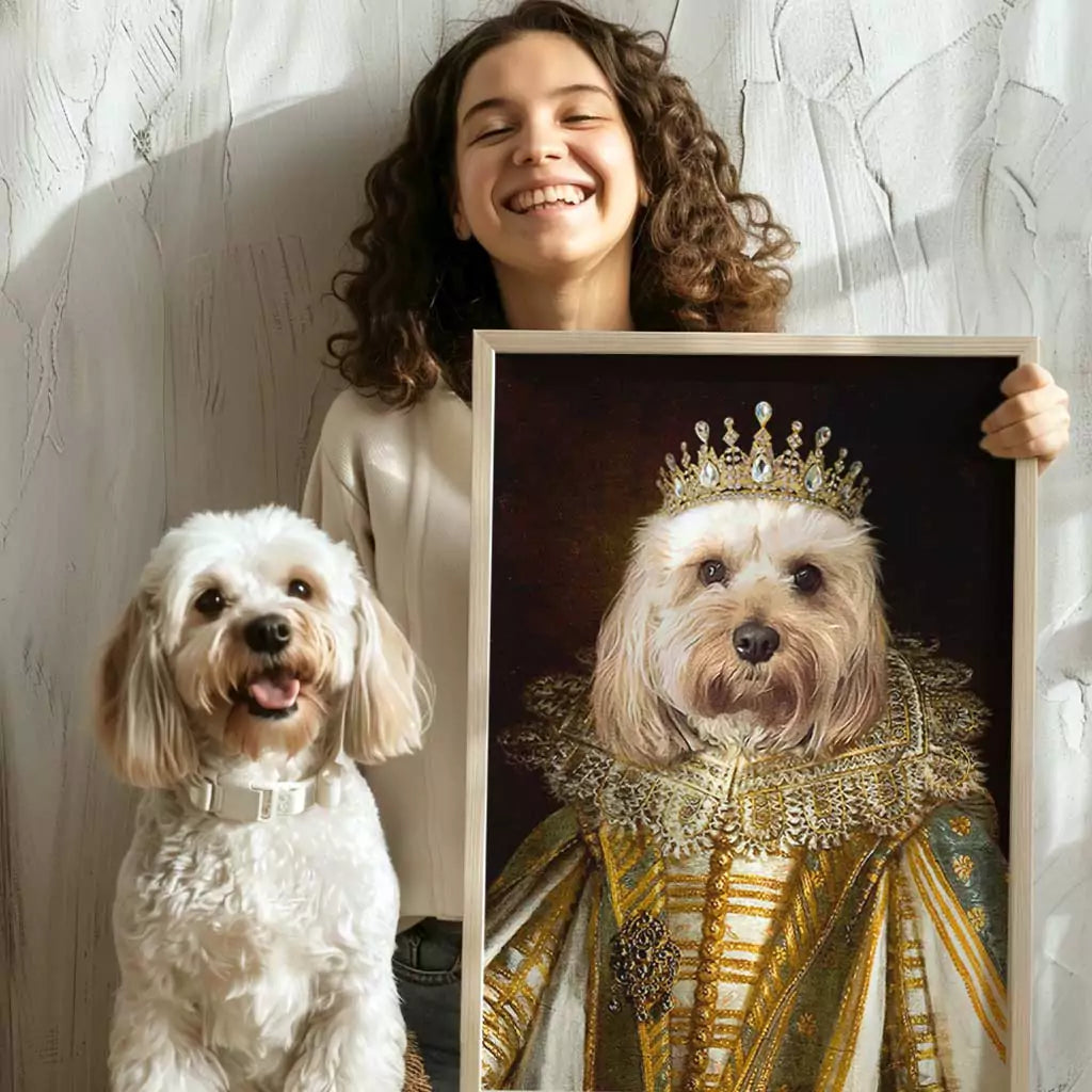 royal pet portrait in a natural frame next to dog subject