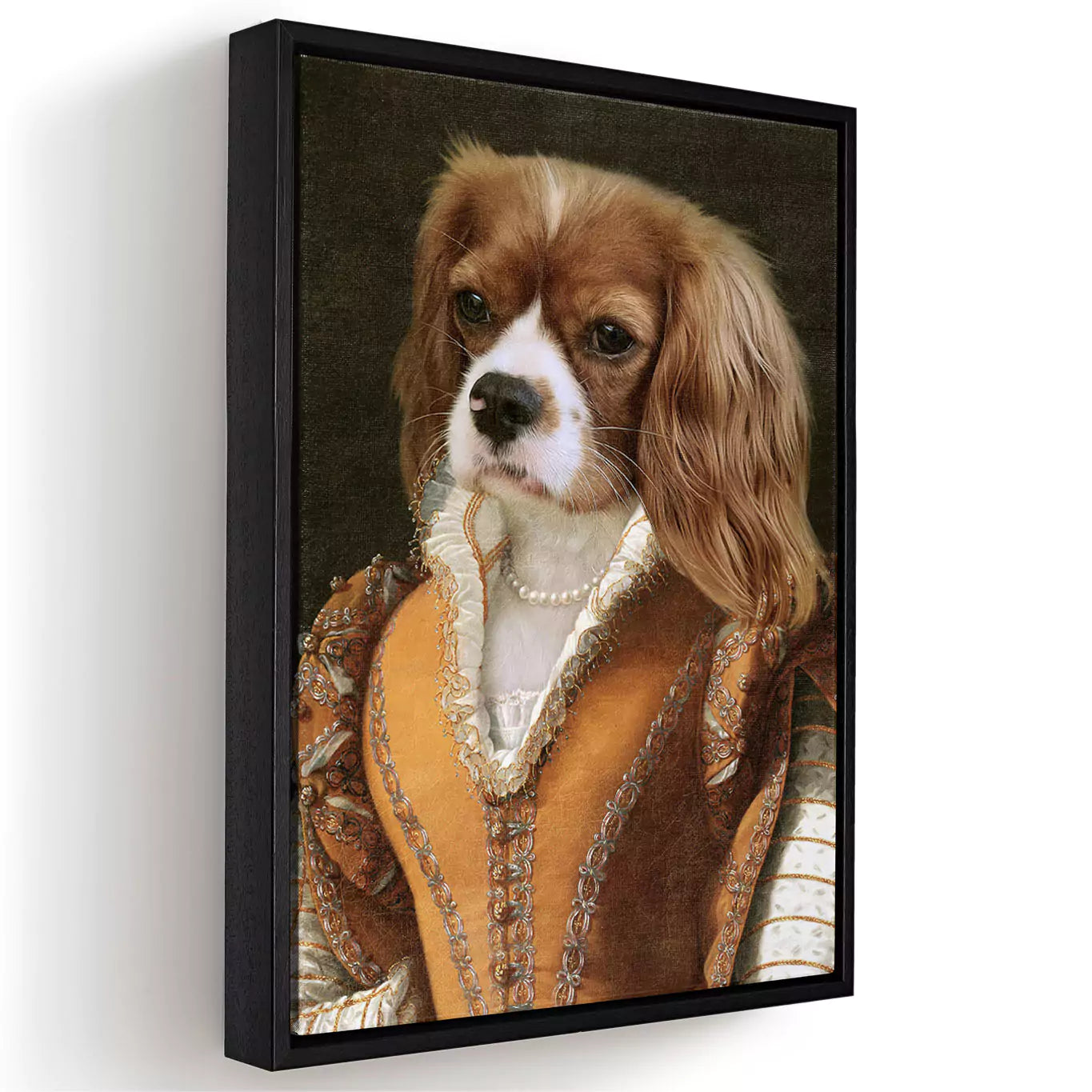 Princess in ochre dog canvas in a black frame