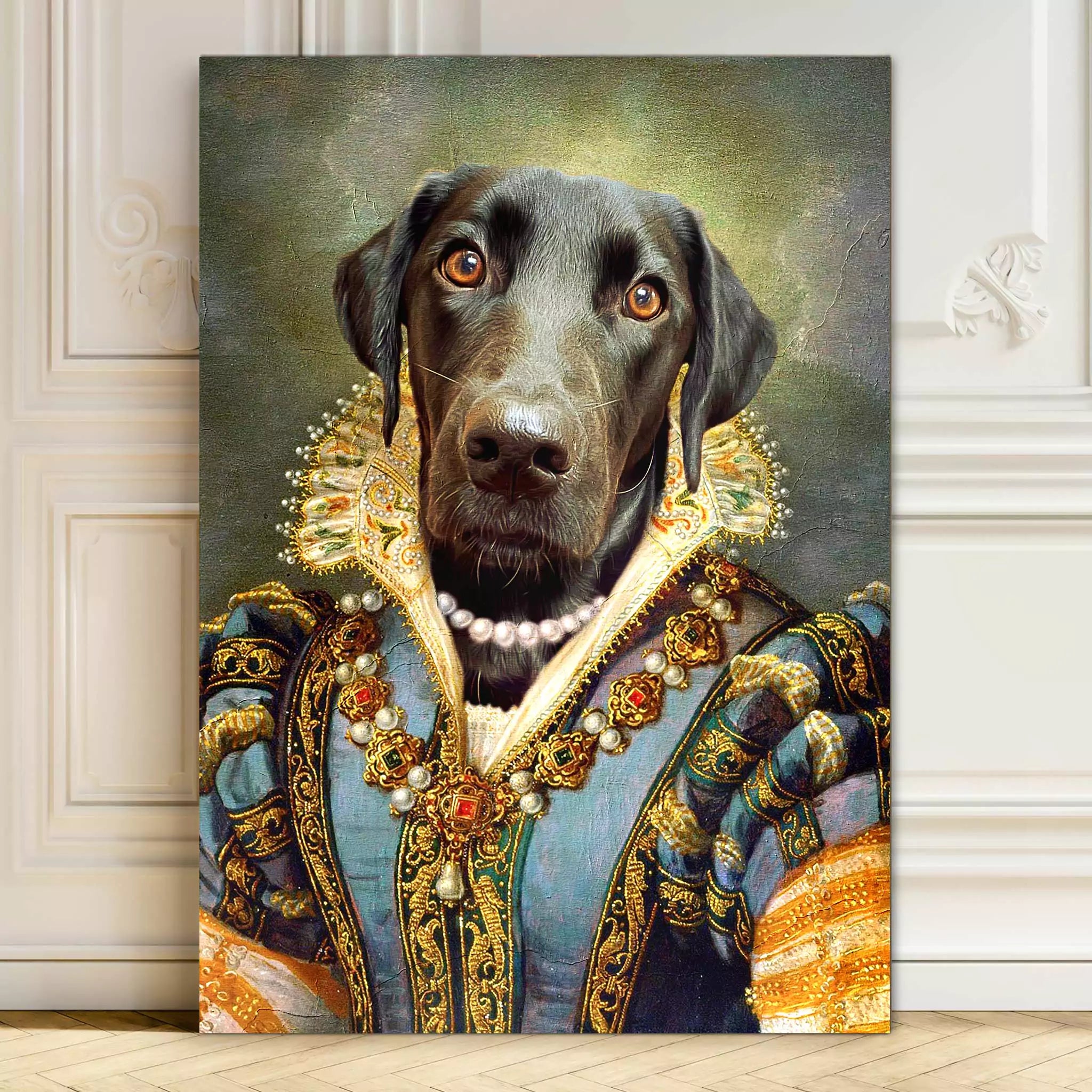 print of a dog wearing Renaissance  Queen outfit vintage clothes