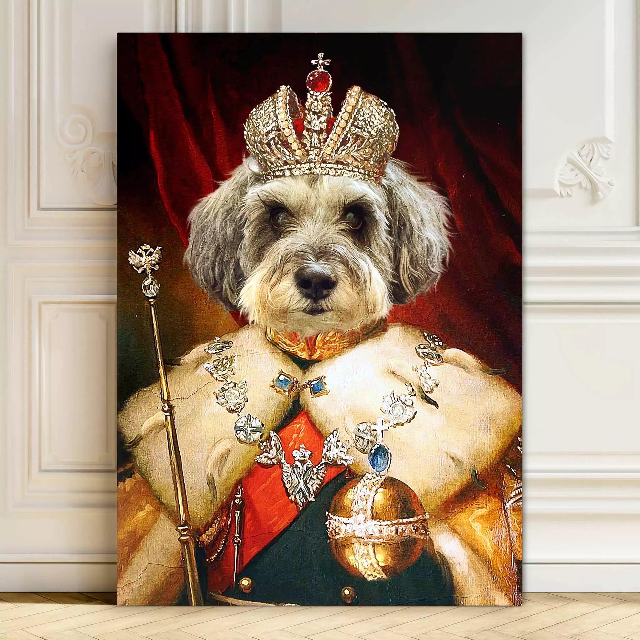 custom Royal dog portrait art. Dog in King outfit with crown