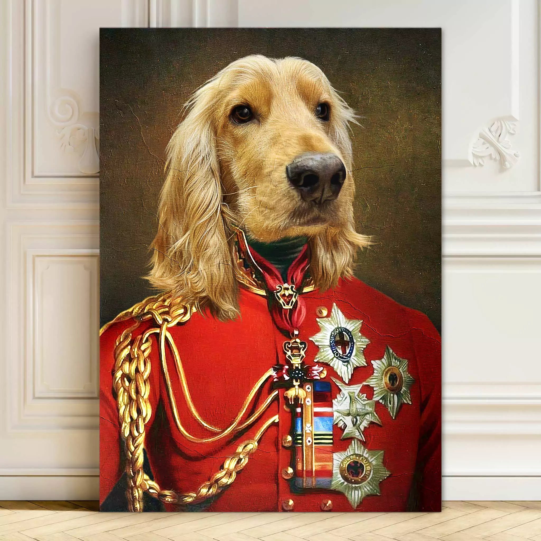 Dog in military uniform, bespoke dog portrait in prince outfit with medals