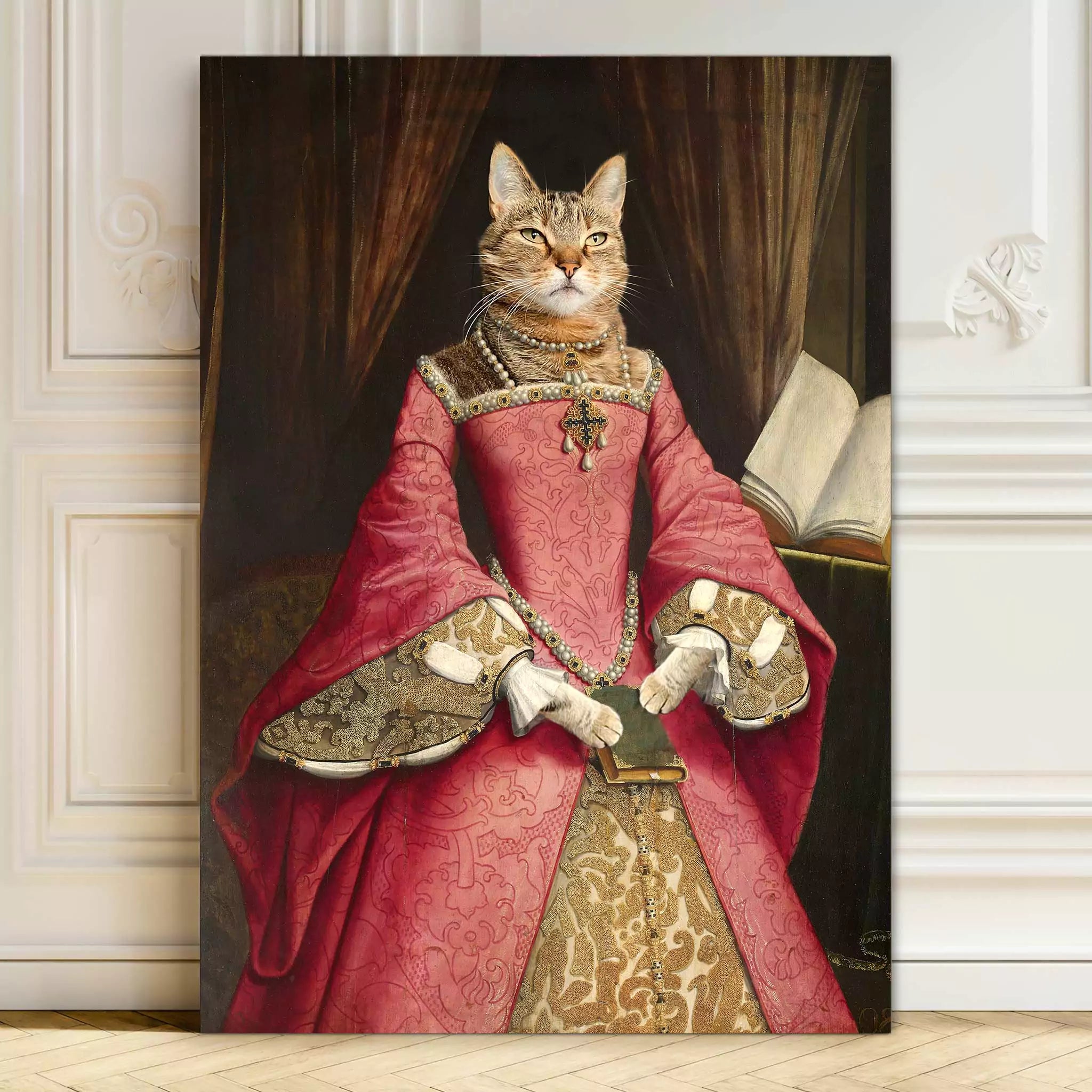 Custom Renaissance cat portrait, cat in pink Tudor queen dress