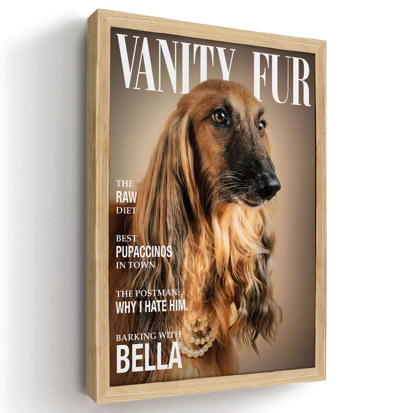vanity fur dog magazine with a wood frame