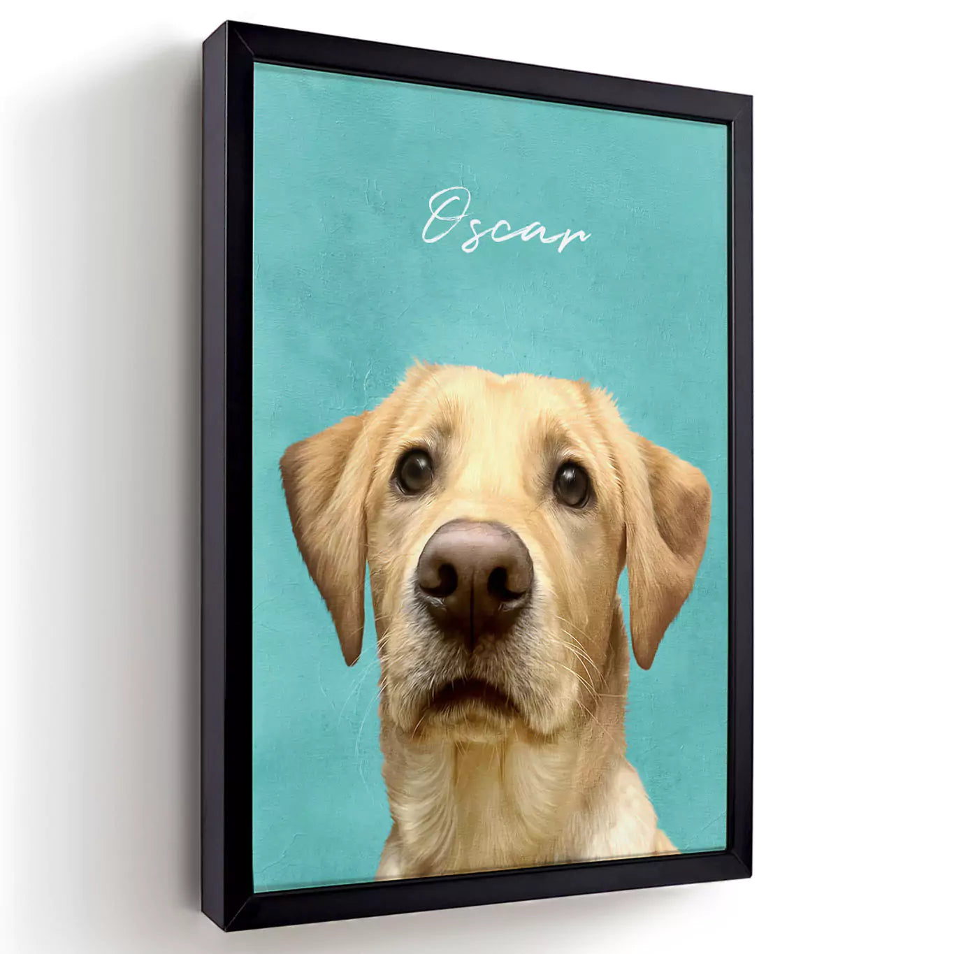 colourful modern pet portrait with a black canvas frame