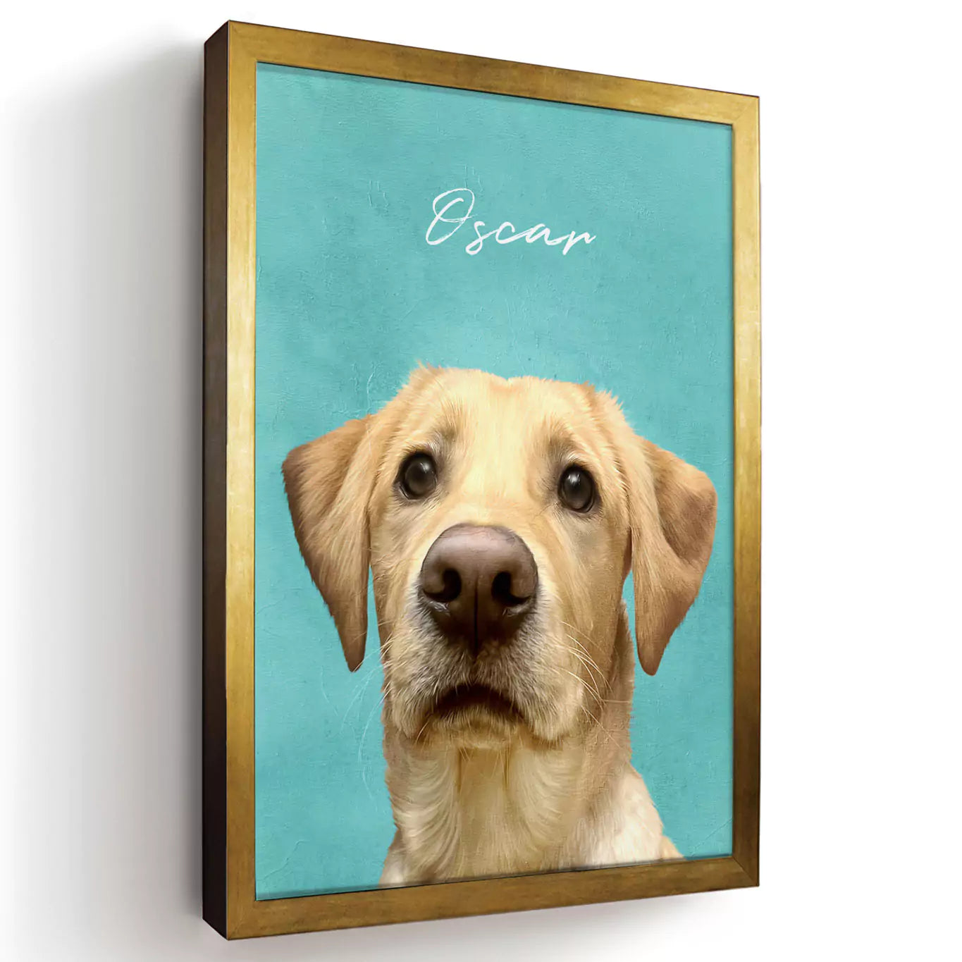 colourful modern pet portrait with a gold frame